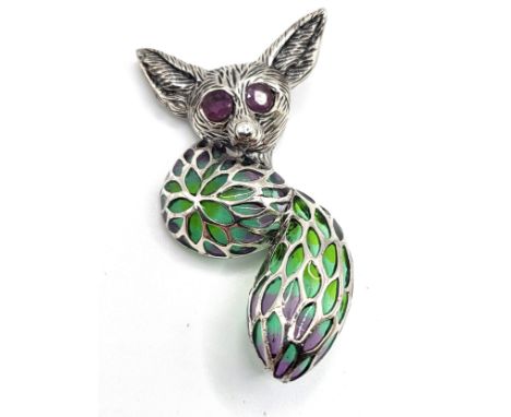 A silver (925) and plique de jour Fennec Australian fox brooch or pendant, eyes set with ruby eyes. 5cm x 2cm.  8gms