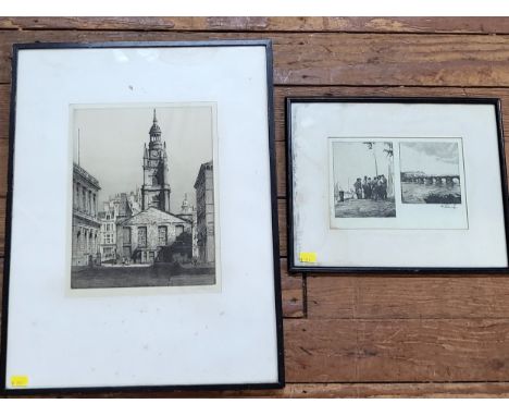 A pencil drawing of a Dock Scene and Bridge 26cm x 33cm and an etching of a Clock Tower. 52cm x 39cm. Framed, glazed and sign