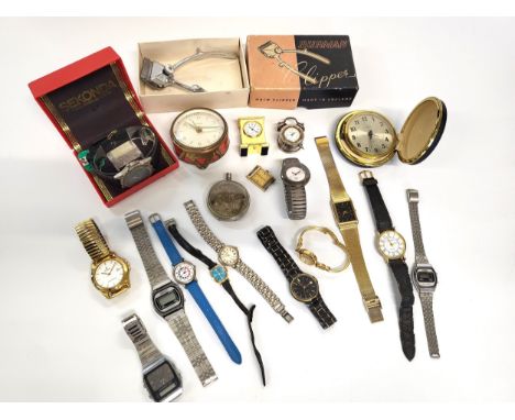 A collection of fourteen watches, two travel alarm clocks, two miniature clocks, a boxed hair clipper and spares for a pocket