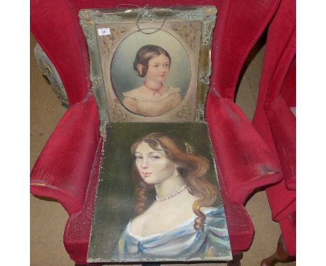 A watercolour portrait of a young girl and a oil on canvas portrait of young lady