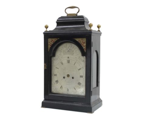 English ebonised double fusee verge musical bracket clock, the 8" silvered arched dial signed William Johnson, London, the mo