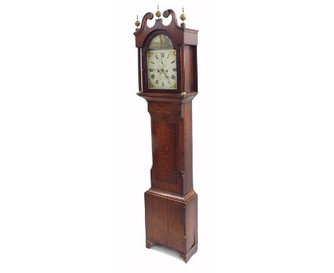 Oak and mahogany eight day longcase clock, the 12" painted arched dial signed Tomlinson, Horncastle, with subsidiary seconds 