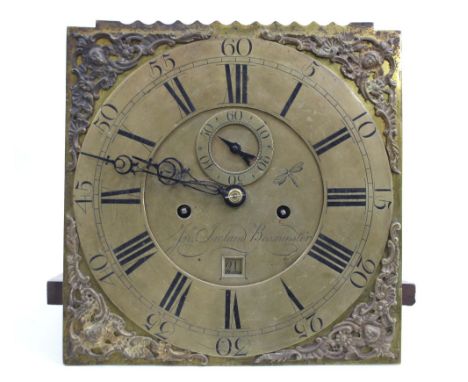 Eight day longcase clock movement, the 12" square brass dial signed Jonathan Ireland, Beaminster to the centre with subsidiar