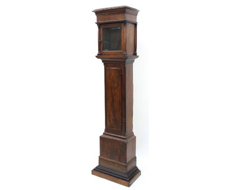 Interesting yew wood eight day longcase clock case, with long door and the hood surmounted by a flat moulded stepped pediment