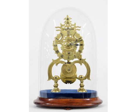 Brass single fusee skeleton clock, the 4.75" chapter ring and movement upon curving supports and stepped circular pad feet, u