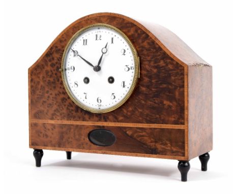 Lenzkirch birds eye maple two train mantel clock striking on a gong, bearing the maker's name on the movement back plate and 