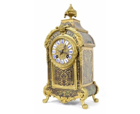 Small French Boulle two train mantel clock, the Japy Freres movement striking on a gong, the 3" gilt metal dial with Roman ca