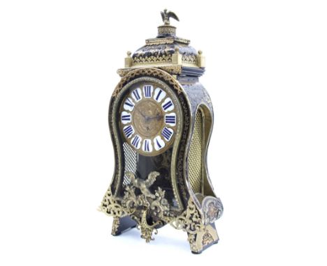 Early French Boulle balloon single train bracket clock, the 6.5" gilt metal dial with Roman cartouche enamel numerals enclosi