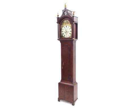 Oak eight day longcase clock, the 12" painted arched dial signed R. Hampton, Manchester to the centre with subsidiary seconds