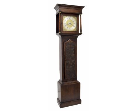 Oak thirty hour longcase clock, the 11" square brass dial signed Richard Boyfield to the foliate engraved centre with later a