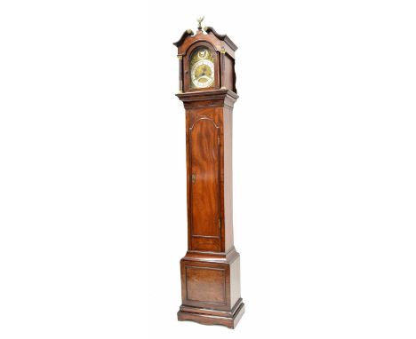 Mahogany grandmother eight day longcase clock, the 6.5" brass arched dial signed Thomas Scott, Bath on a silvered arched plat