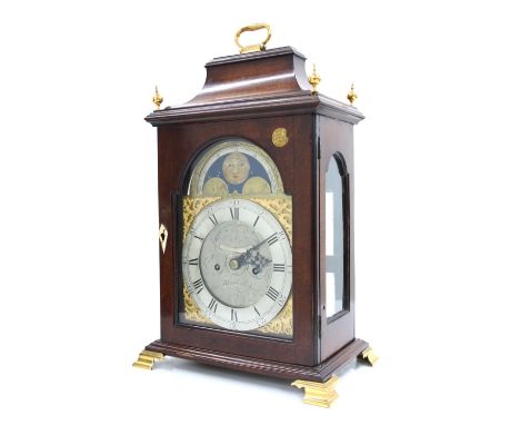 English mahogany double fusee bracket clock, the 7" brass arched dial signed Chas Blanchard, London on the foliate engraved s
