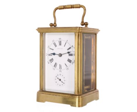 Carriage clock timepiece with alarm striking on a bell, the dial signed Henry Capt, within a corniche brass case, 6" high; al