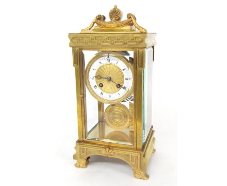 Good French fire gilded brass four glass two train mantel clock striking on a gong, the 3.5" white enamel chapter ring indist