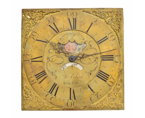 Thirty hour longcase clock movement, the 12" square brass dial signed William Ewbank, Elland to the foliate engraved centre w