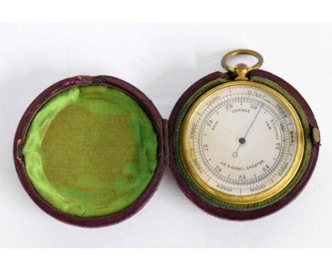 Brass cased pocket barometer, the silvered dial signed J.D Siddall, Chester, in Morocco leather case, 51mm