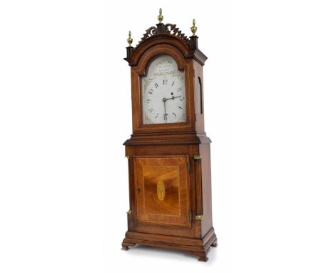 Good mahogany inlaid American shelf clock timepiece, the 7" painted arched dial signed David Wood, Newbury Port over a square