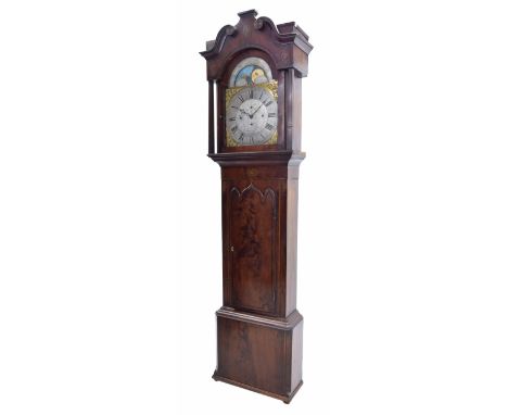 Mahogany three train musical longcase clock, the 14" brass arched dial signed W Drew, Lynn on the silvered chapter ring, with