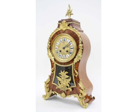 French kingwood and gilt metal mounted two train balloon shaped mantel clock striking on a gong, the 4.5" gilt metal dial wit