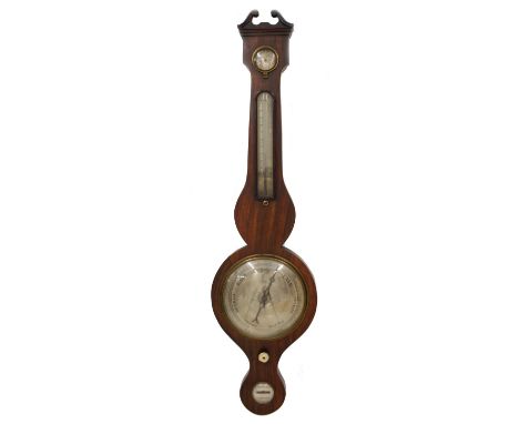 Rosewood four glass banjo barometer, surmounted by a swan neck pediment