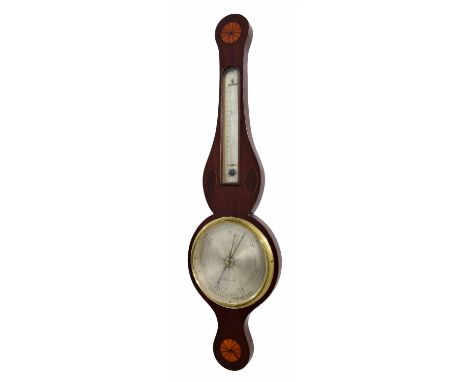 Early mahogany inlaid banjo barometer/thermometer, the 8" silvered dial signed Molton, Norwich, within a shaped case inlaid w