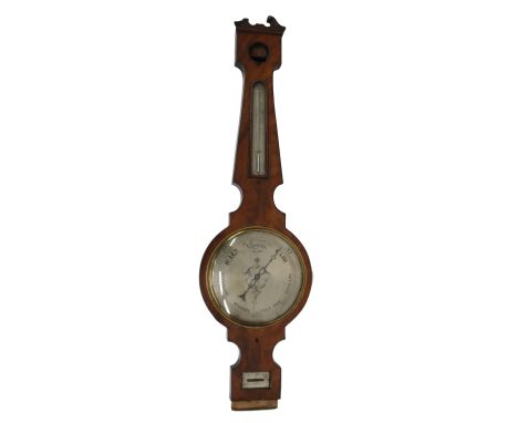 Mahogany four glass banjo barometer, signed Robert Hull, Newmarket on the silvered level plate, with 10" silvered principal d