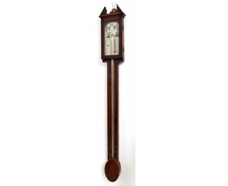 Interesting and unusual English mahogany stick barometer, the painted rounded arched scale decorated with a pastoral scene, o