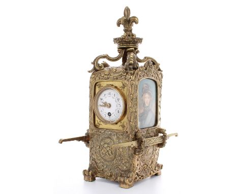 French gilt metal novelty clock timepiece with platform escapement and modelled as a sedan chair, with 2" floral painted whit