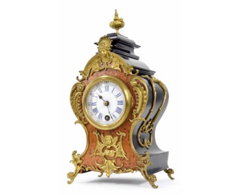 Lenzkirch birds eye walnut and ebonised balloon mantel clock timepiece, the movement back plate bearing the maker's name and 