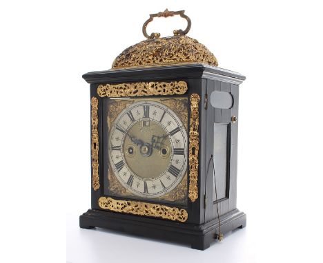 Small ebonised English single fusee basket top table clock, the finely foliate engraved back plate signed Nathanael Hodges, I