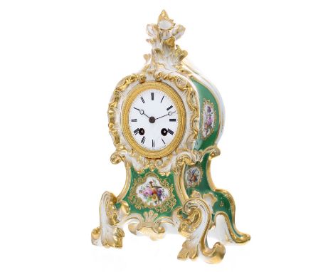 French porcelain two train small mantel clock, the 2.75" white enamel dial signed Aubert &amp; Klaftenberger, Paris, the move