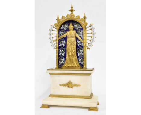 Rare French ormolu, enamel and white Carrara marble Bras-en-L'air mystery mantel clock, depicting a standing robed lady indic