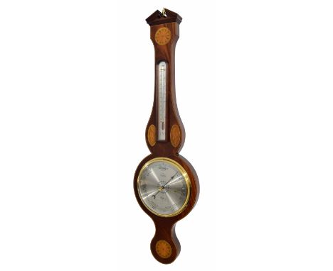 Comitti of Holborn inlaid banjo barometer/thermometer, the 8" silvered dial within a shaped case inlaid with paterae and conc