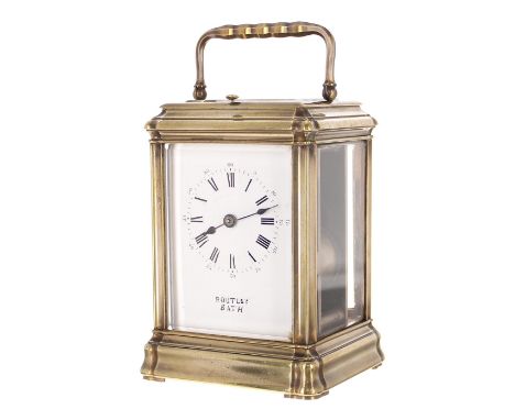 Repeater carriage clock striking the hours and quarters on two gongs, the recessed underside plate with sliding levers to sel