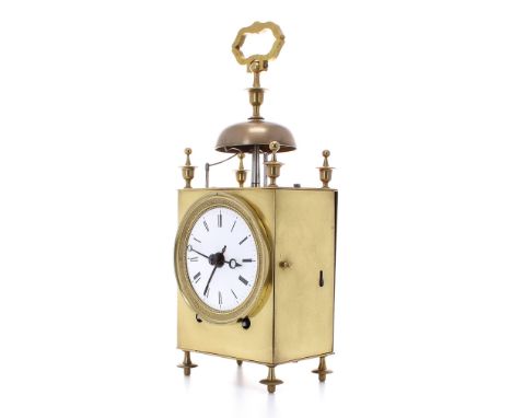 Good French capucine brass two train alarm mantel clock, with 3.25" white enamel dial, the movement with pull alarm repeat, w