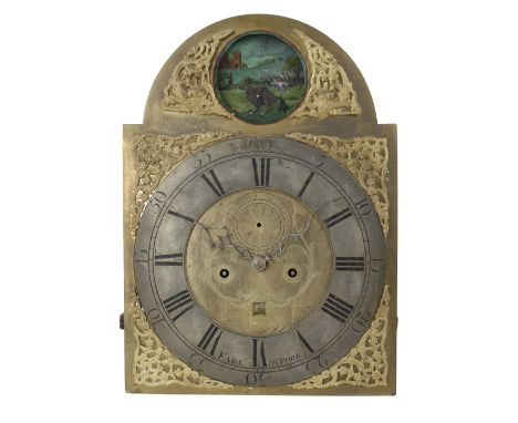 Eight day longcase clock movement, the 13" brass arched dial signed Earl, Oxford on the silvered chapter ring enclosing a fol