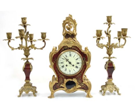 French Boulle two train mantel clock garniture, the 5.5" white enamel dial indistinctly signed ..., Rouen, the movement with 
