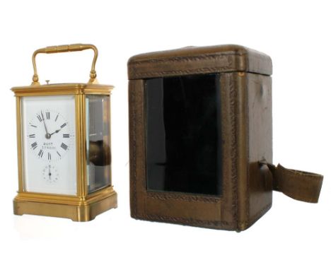 Good Grande Sonnerie alarm carriage clock, the movement striking on two gongs and stamped no. 7777 to the back plate, the bas