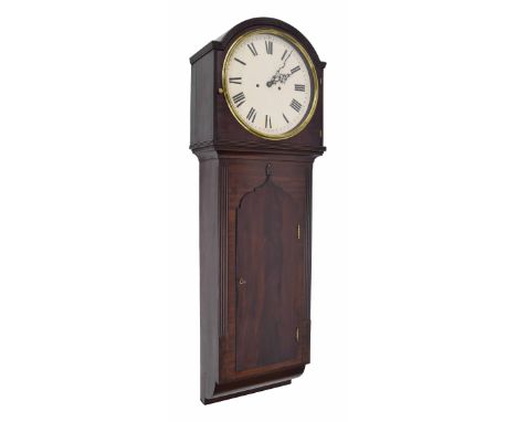 Mahogany two train trunk dial wall clock, the 14" cream painted dial within a rounded arched reeded hood over the trunk with 