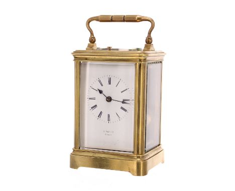 Repeater carriage clock striking on a bell, the dial signed A. Arnold, London, within a corniche brass case, 6.5" high; also 