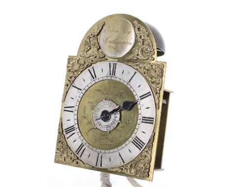 Small English brass lantern clock movement with alarm and wall bracket, the 5" brass arched dial signed John May Southampton 