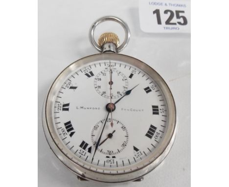 Silver open face pocket watch chronometer, the white dial with two subsidiary dials, the outer with 1/5 seconds tachometer tr