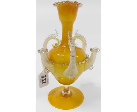 Victorian white opaque yellow glass encased pedestal vase/lamp with triple frilled scrolled handles and spouts, height 7.25'