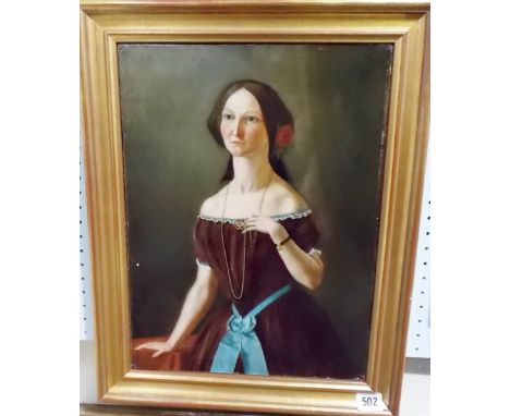 Victorian half length portrait of a lady in a burgundy and blue dress,  Oil on board, Monogrammed JBW, 16' x 12'.