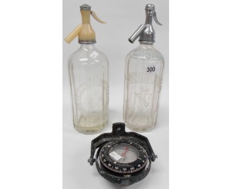 Allen & Lloyd Ltd soda siphon, one other soda sophon and a Swedish gimbled compass.