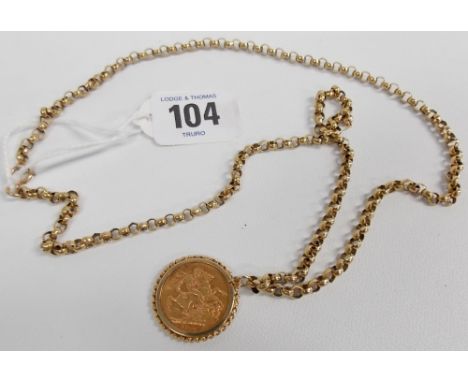 1908 full Sovereign in 9ct mount upon a 9ct Belcher chain necklace, weight overall 32.2g approx.