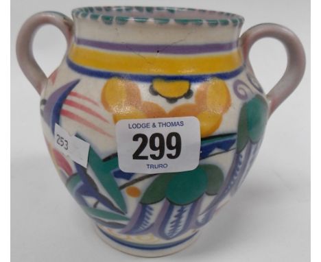 Poole pottery twin handled ovoid vase pattern 401/TY, painted with stylised flowers, height 5' (af).