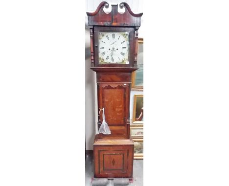 Eight day long case clock, the 12' square painted dial painted to the corners with ruined castles, with subsidiary seconds di