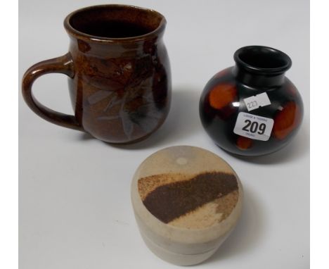 Poole Pottery ovoid vase with orange and brown irregular spot glaze upon a matt black ground, together with a Studio Pottery 