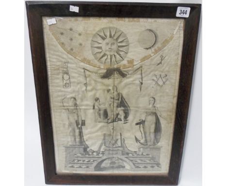 Masonic interest - early 19th Century black and white transfer print on velum masonic apron and with the inscription ' Dedica
